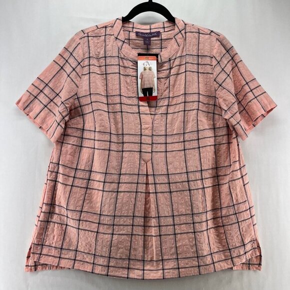 Gloria Vanderbilt Blouse Size M Seersucker Plaid Popover Short Sleeve Pink - Picture 1 of 11